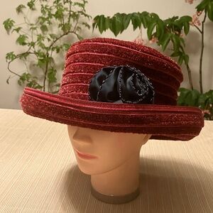 Elegant Red Chenille Women's Hat with Black Beaded Floral Accent